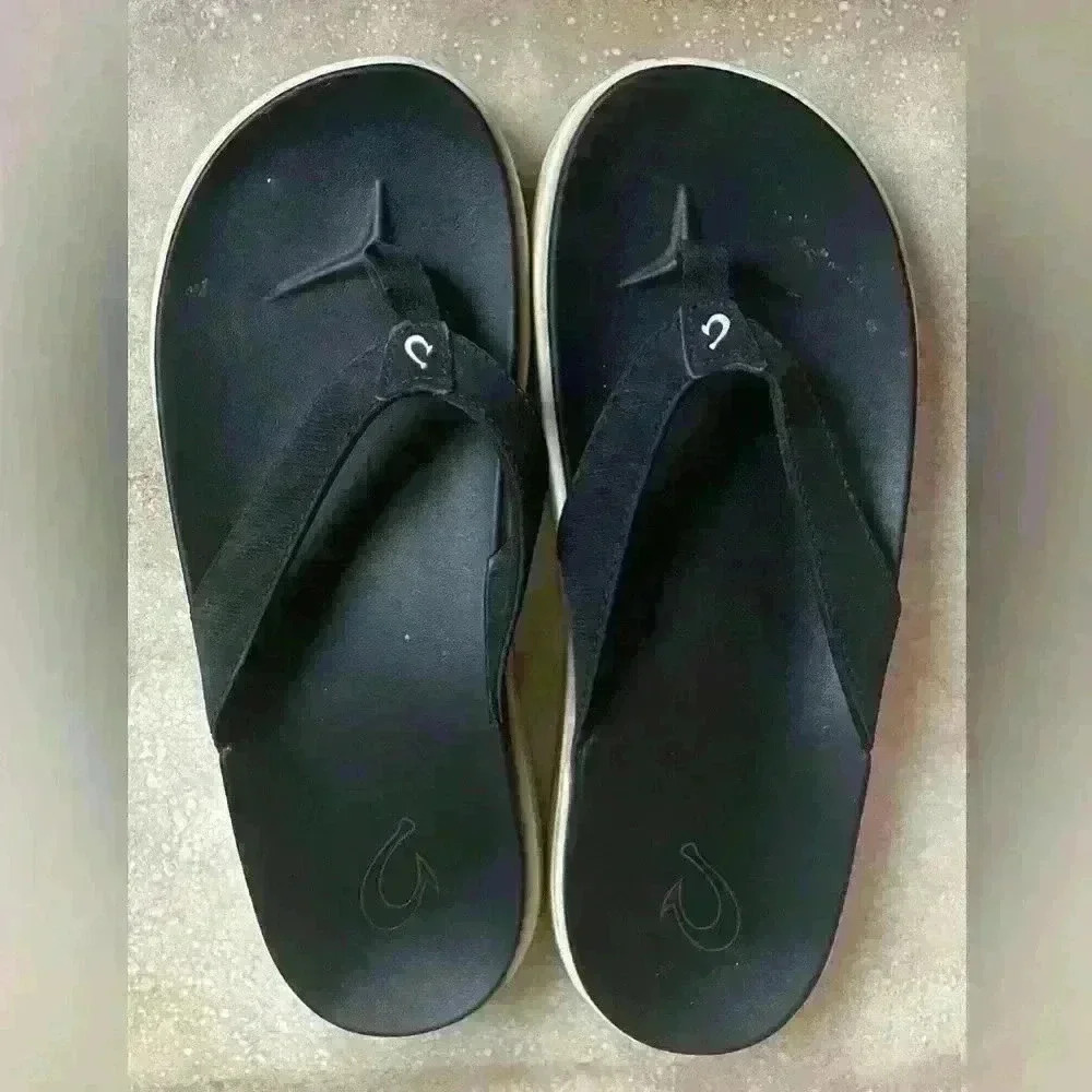 Olukai Women's Nu'a Pi'o Sandals Flip Flop Black/Black Cream 20445-4040; 7